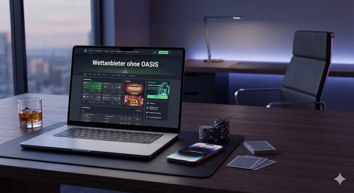 Ein offener Laptop auf einem dunklen Holzschreibtisch zeigt die Webseite „Wettanbieter ohne OASIS“, umgeben von einem Glas Whiskey, Spielkarten, Casino-Chips und einem Smartphone vor einem abendlichen Stadtpanorama.